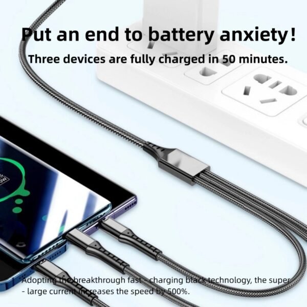 Fishing net three-in-one 6A mobile phone fast charging cable, three heads charging at the same time, pure copper wire is faster and more professional, high-toughness wire is not easy to break