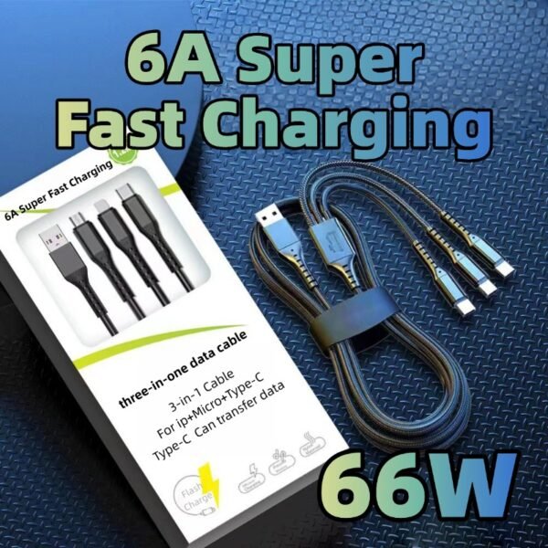 Fishing net three-in-one 6A mobile phone fast charging cable, three heads charging at the same time, pure copper wire is faster and more professional, high-toughness wire is not easy to break