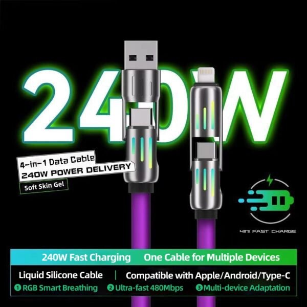 Light column four-in-one data cable 240W super fast charging two-to-two charging cable colorful breathing light home and car multi-function data cable