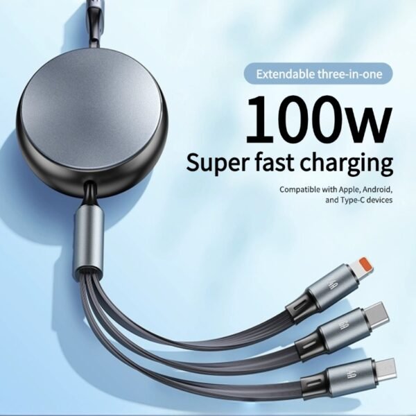 100w retractable one-to-three fast charging data cable