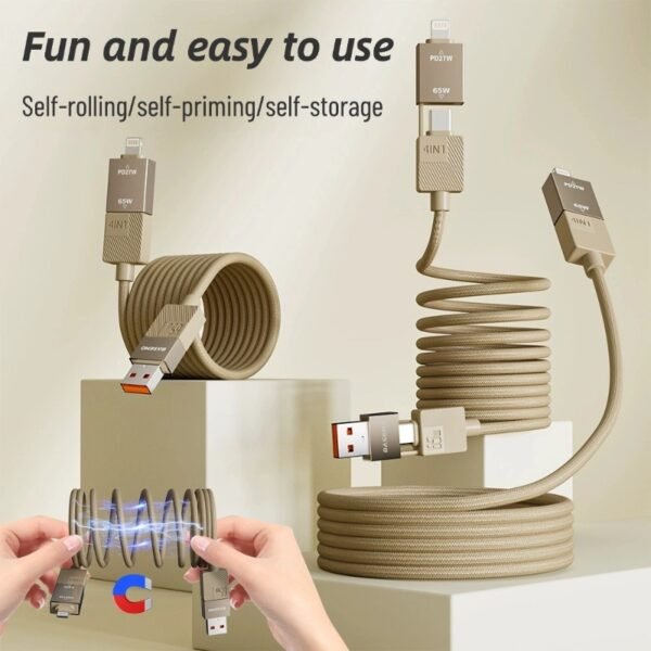 65W magnetic absorption four-in-one fast charging cable suitable for Apple Android Type-C braided data cable