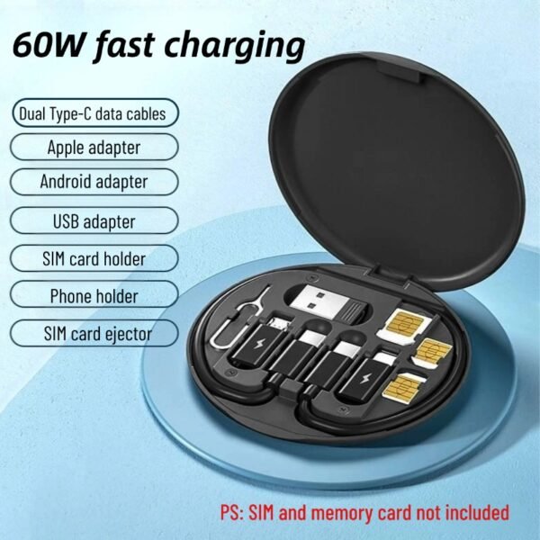 60W 6-in-1 multi-function data cable storage box adapter suitable for Apple Huawei mobile phone computer charging cable