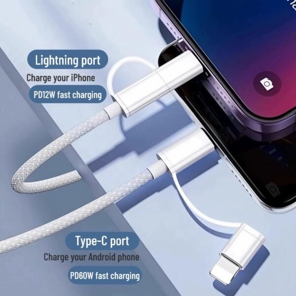 One-to-two dual TYPE-C + Lightning port braided fast charging data cable