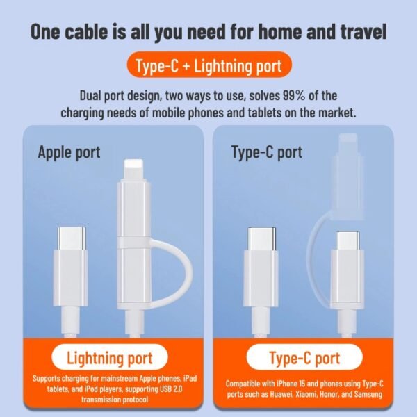One-to-two dual TYPE-C + Lightning port braided fast charging data cable