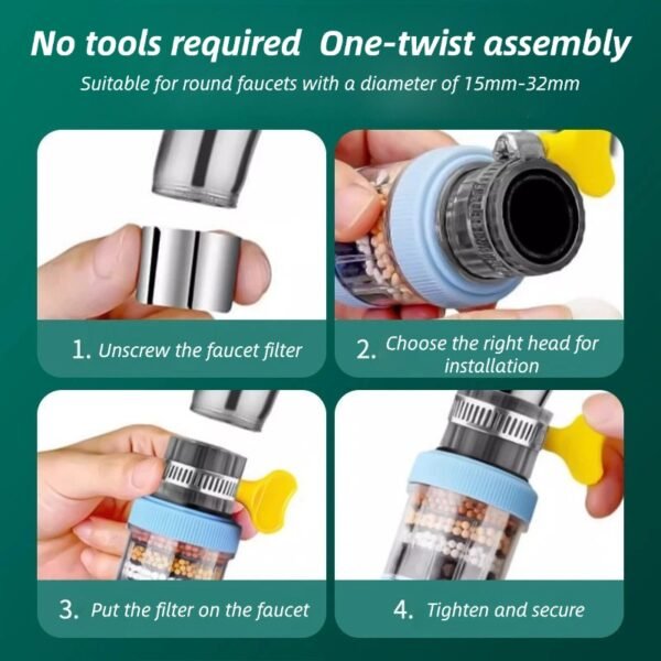 Adjustable filter, universal, splash-proof kitchen water purifier, compatible with household tap water, showerheads