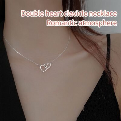 Simple double heart connected sterling silver necklace versatile exquisite clavicle chain couple bestie must-have warm heart jewelry