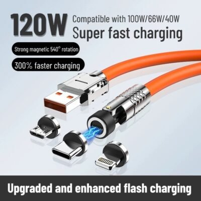 Rotating Magnetic Data Cable 120W Super Fast Charging Apple Type-C Android 3-in-1 Charging Cable