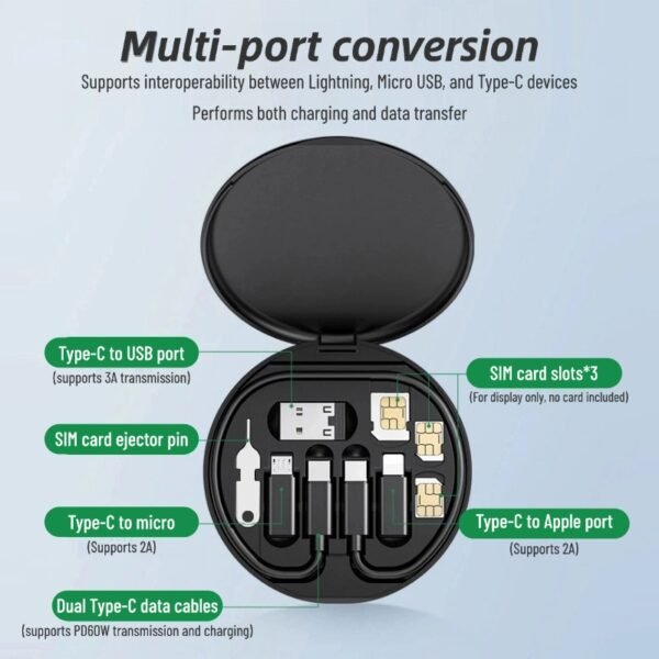 60W 6-in-1 multi-function data cable storage box adapter suitable for Apple Huawei mobile phone computer charging cable
