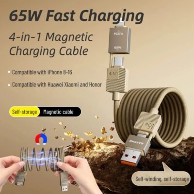 65W magnetic absorption four-in-one fast charging cable suitable for Apple Android Type-C braided data cable