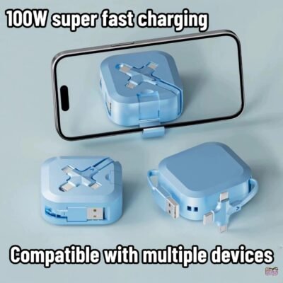 100w one-to-three retractable multi-function super fast charging data cable with built-in bracket