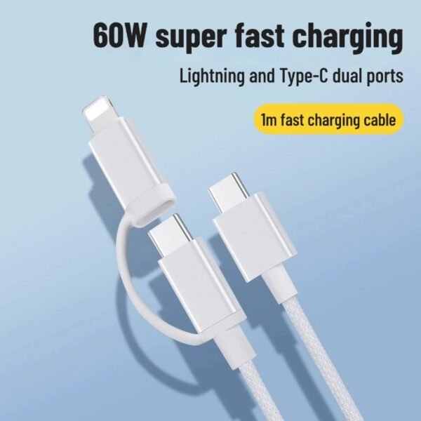 One-to-two dual TYPE-C + Lightning port braided fast charging data cable