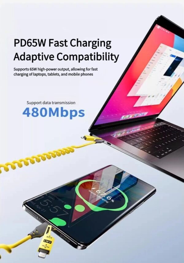 65w 4-in-1 telescopic spring car super fast charging cable