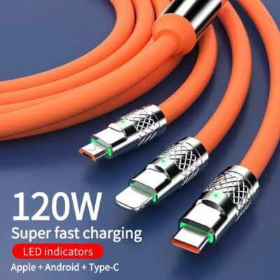 120W three-in-one data cable for super fast charging, suitable for Apple and Android Type-c one-to-three chargers