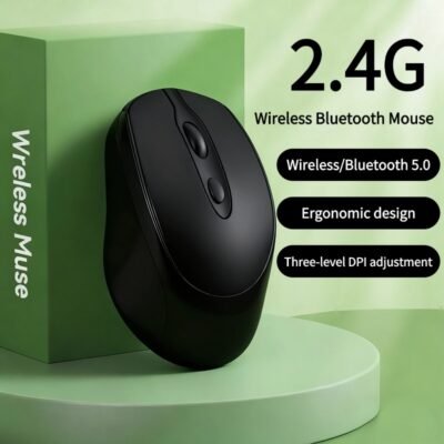 Stylish wireless mouse with silent clicks, portable and rechargeable – perfect for women's office use.