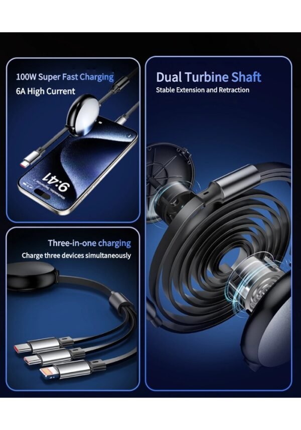 100w retractable one-to-three fast charging data cable