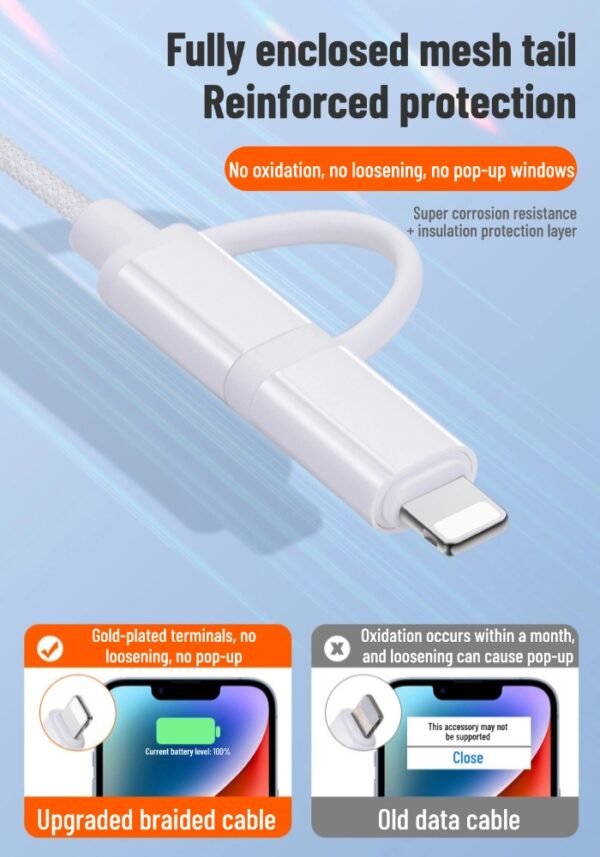 One-to-two dual TYPE-C + Lightning port braided fast charging data cable