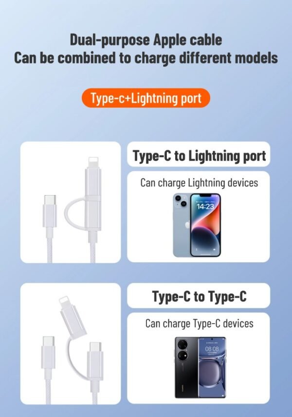 One-to-two dual TYPE-C + Lightning port braided fast charging data cable