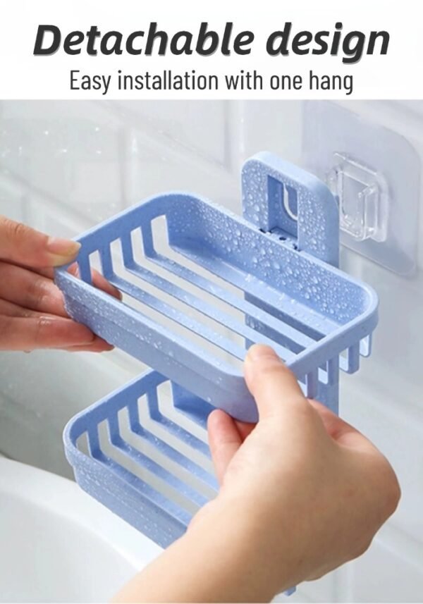 详情图2 Punch-Free Double-Layered Soap Dish, Wall-Mounted Soap Dish, Bathroom Storage Rack with Suction Cup Soap Holder