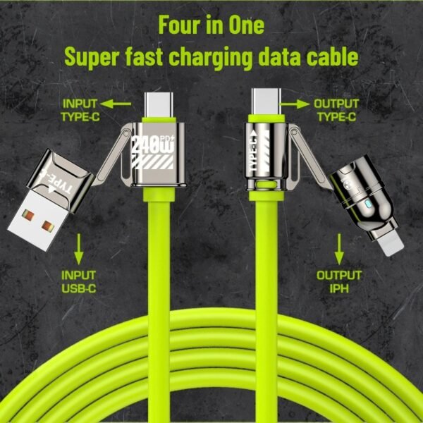 240W 4-in-1 Fast Charging Data Cable with Dual Type-C Ports for Apple and Huawei Phones