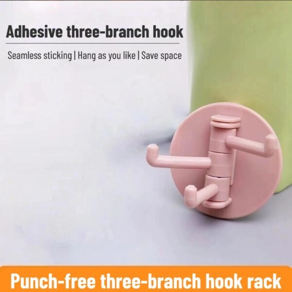 Seamless adhesive three-branch rotatable hook rack