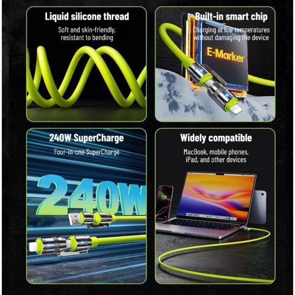 240W 4-in-1 Fast Charging Data Cable with Dual Type-C Ports for Apple and Huawei Phones