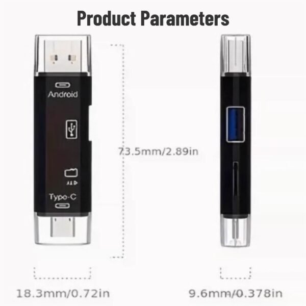 5-in-1 multi-functional card reader with Type-C/USB interface, compatible with Huawei and Apple mobile phones, computers, TF cards, and USB flash drives.