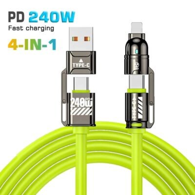 240W 4-in-1 Fast Charging Data Cable with Dual Type-C Ports for Apple and Huawei Phones