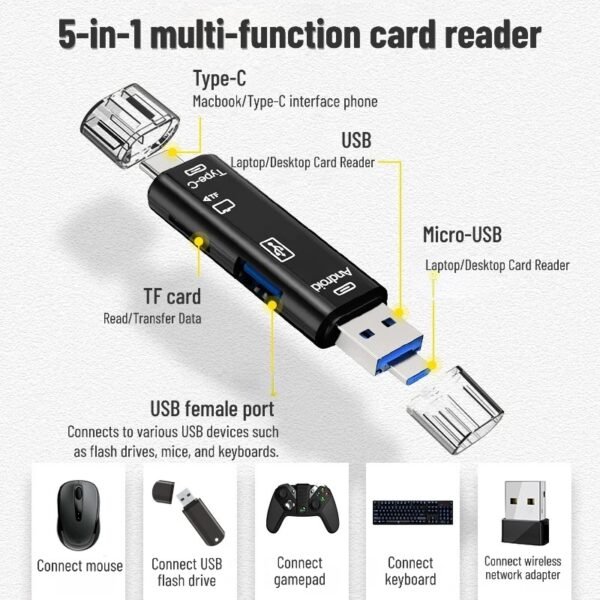 5-in-1 multi-functional card reader with Type-C/USB interface, compatible with Huawei and Apple mobile phones, computers, TF cards, and USB flash drives.