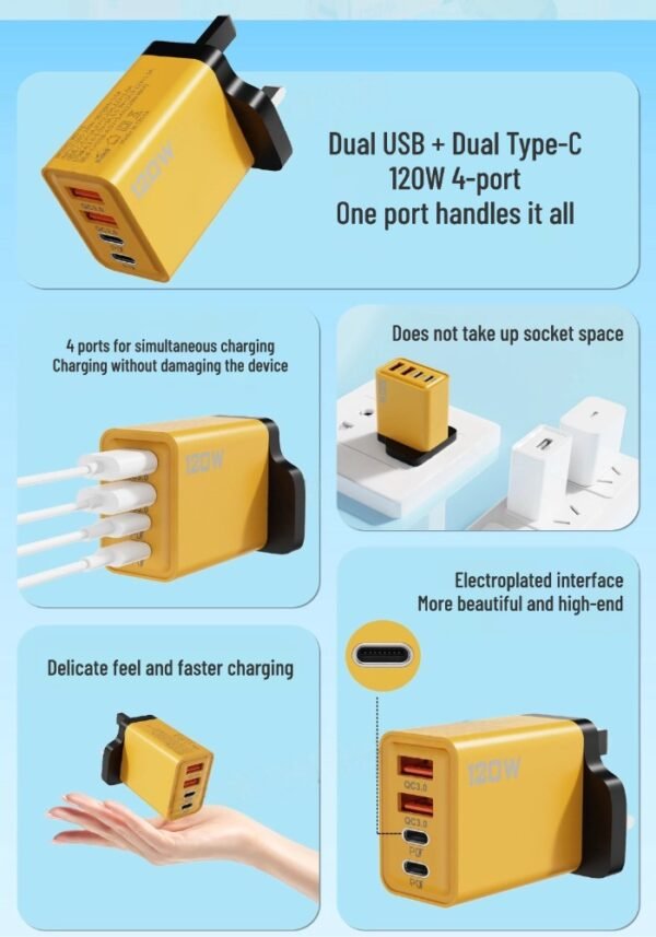 120W dual USB + dual typec UK standard fast charging charger