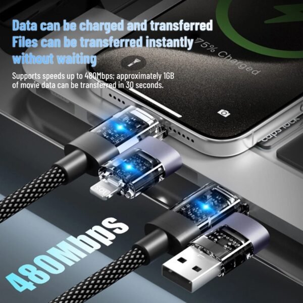2 Transparent braided data cable, 4-in-100W, compatible with Apple and Huawei SuperCharge multi-functional charging cables.