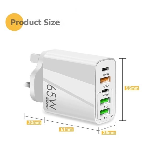 65W Fast Charging Head with 2 Type-C and 3 USB Ports