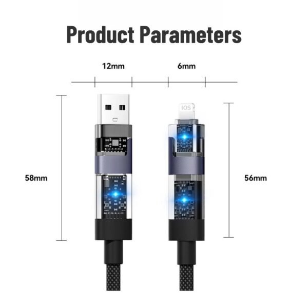 4 Transparent braided data cable, 4-in-100W, compatible with Apple and Huawei SuperCharge multi-functional charging cables.