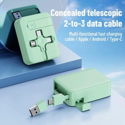 This 2-to-3 fast charging data cable features a retractable design and is compatible with Apple, Huawei, and Android charging cables