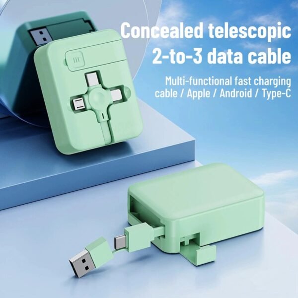 This 2-to-3 fast charging data cable features a retractable design and is compatible with Apple, Huawei, and Android charging cables