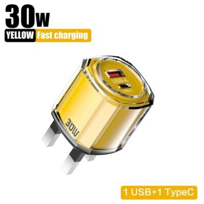 30W Fast Charger with Multiple Ports (A+C), Yellow Round Shell, 1 USB + 1 PD Phone Charger
