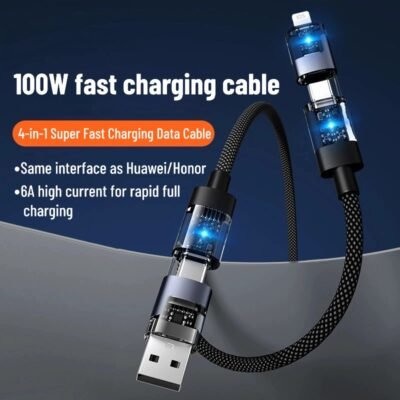 Transparent braided data cable, 4-in-100W, compatible with Apple and Huawei SuperCharge multi-functional charging cables.