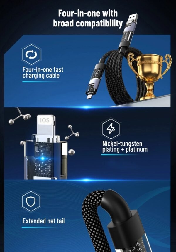 详情图1 Transparent braided data cable, 4-in-100W, compatible with Apple and Huawei SuperCharge multi-functional charging cables.