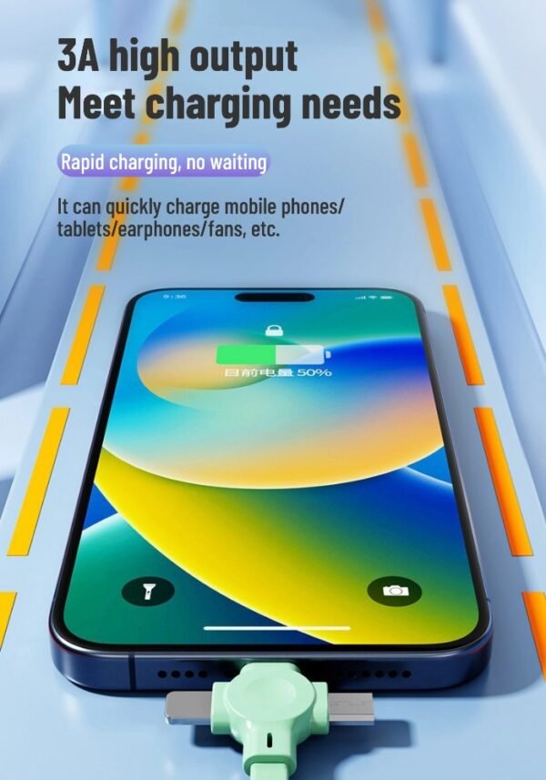 This 2-to-3 fast charging data cable features a retractable design and is compatible with Apple, Huawei, and Android charging cables