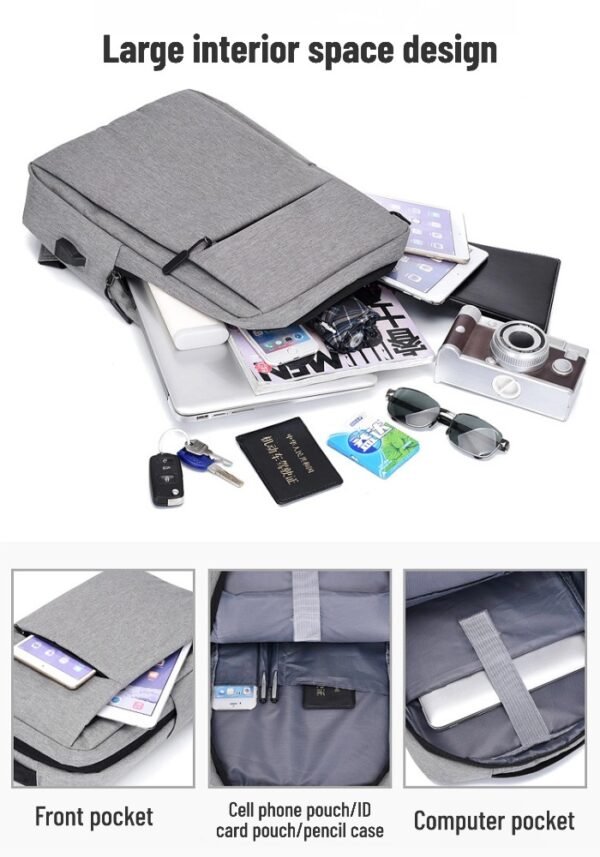 Simple, large-capacity backpack with USB charging, suitable for casual and business use, perfect for laptops.