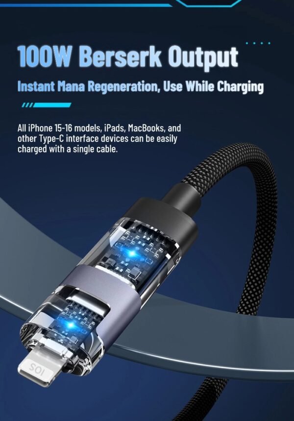 详情图2 Transparent braided data cable, 4-in-100W, compatible with Apple and Huawei SuperCharge multi-functional charging cables.