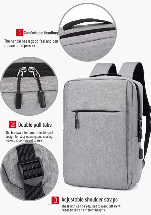 Simple, large-capacity backpack with USB charging, suitable for casual and business use, perfect for laptops.